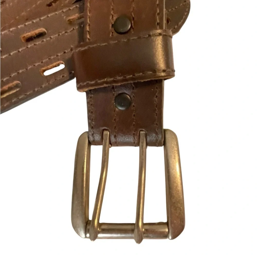VTG 70s Brown Leather Belt Double Prong Silver Roller Buckle Adjustable Hippie
